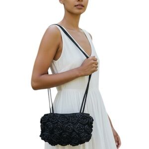 Vintage Silk Black Rosette Purse with Silk Shoulder Straps Handmade in Vietnam